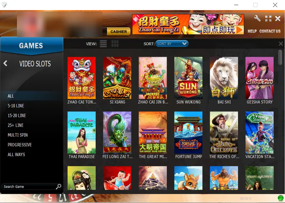 NTC33 Newtown Casino lobby on the Video Slots tab with Zhao Cai Tong Zi, Si Xiang, Sun Wukong, Fei Long Zai Tian and The Great Ming Empire