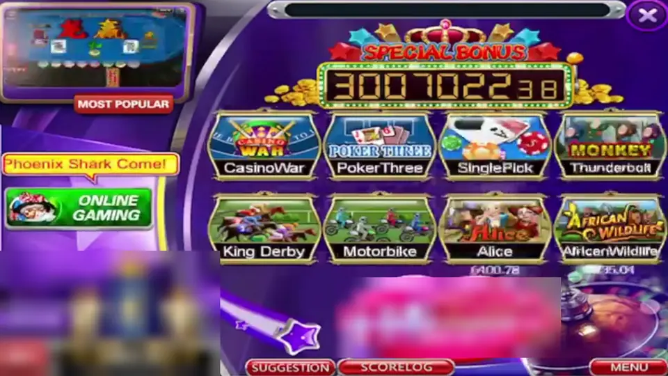 918Kiss lobby with a Special Bonus counter over tiles for Casino War, Poker Three, Single Pick, King Derby, Motorbike and African Wildlife