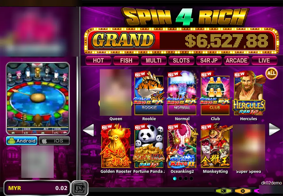 Play8oy lobby with a Spin 4 Rich Grand counter, tabs for Hot, Fish, Multi, Slots, S4R JP, Arcade and Live, and a row of game tiles