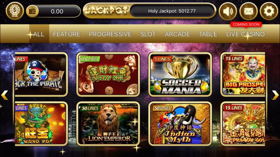 Sky777 lobby with a Holy Jackpot counter, tabs from All to Live Casino and tiles for Lucky Koi, Soccer Mania, Lion Emperor and Indian Myth