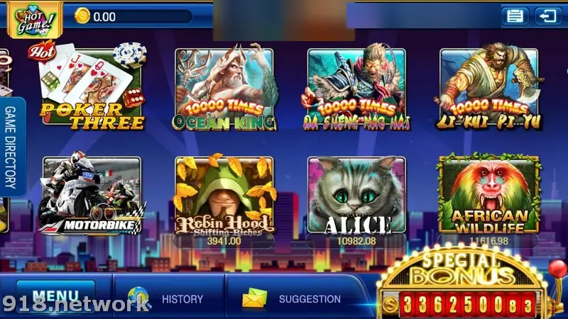 Mega888 lobby with Poker Three, Ocean King, Da Sheng Nao Hai, Li Kui Pi Yu, Motorbike, Robin Hood, Alice and African Wildlife tiles