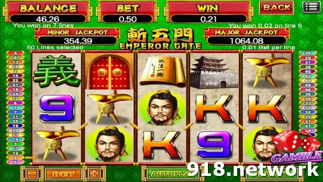 Emperor Gate on 918Kiss with Minor and Major Jackpot boxes, 50 lines selected and 0.01 a line
