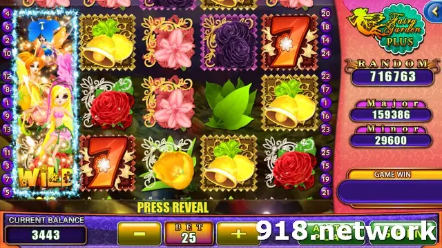 Fairy Garden Plus on 918Kiss with a stacked fairy wild on reel 1 and Random, Major and Minor jackpots on the right