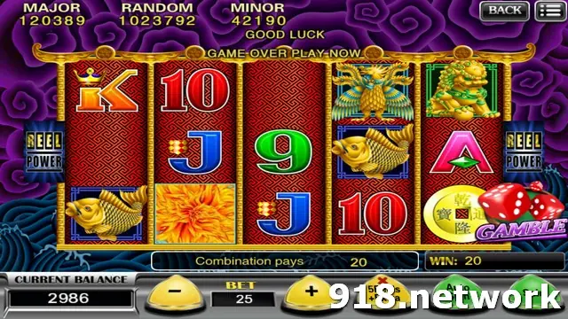 Five Dragon on 918Kiss with gold koi, a phoenix and a lion statue, combination pays and a bet of 25