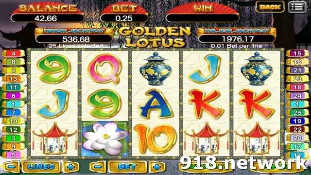 Golden Lotus on 918Kiss with blue and white vases, pagodas and a lotus flower, 25 lines at 0.01