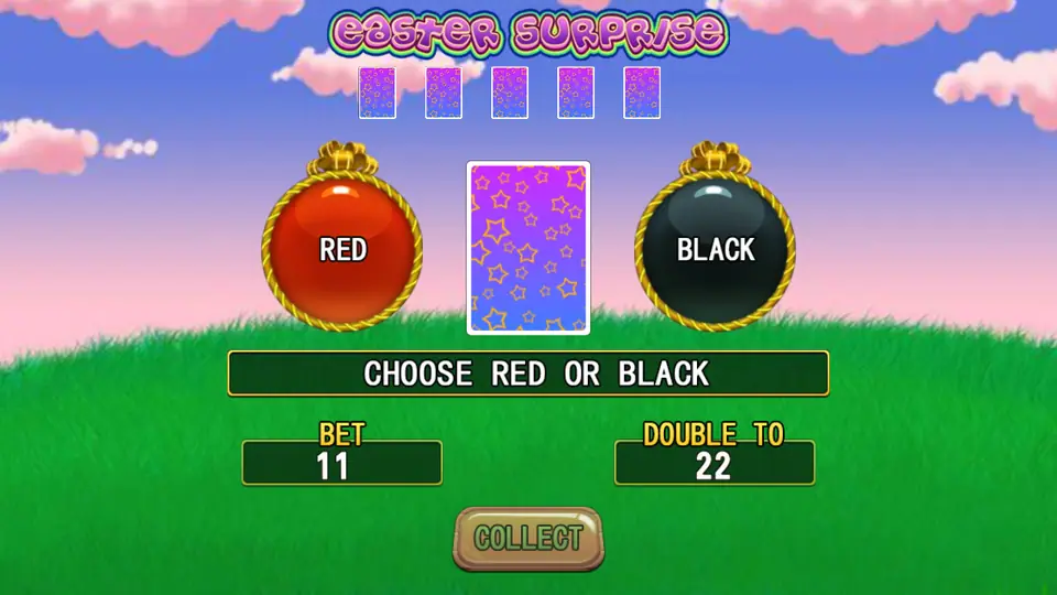 Easter Surprise gamble screen: choose red or black, bet 11, double to 22, with a collect button