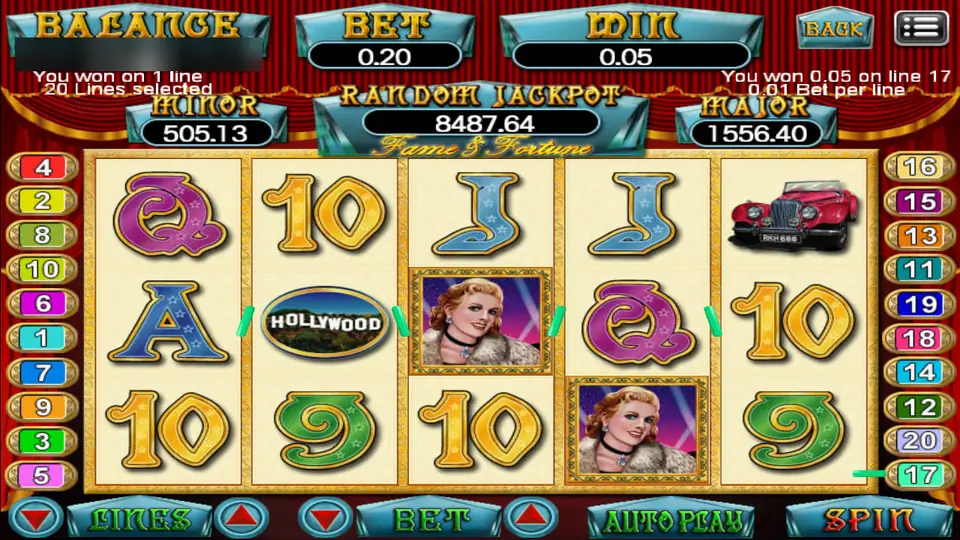 Fame & Fortune spin with two film star portraits and the Hollywood sign, paying 0.05 on line 17