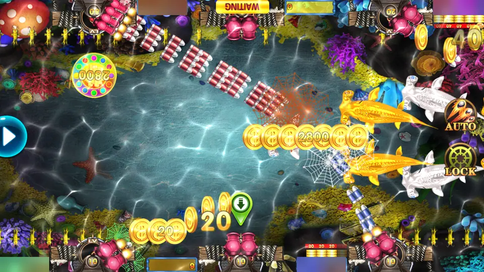 Fishing Star round with golden hammerheads caught in nets, rows of coins and a 2800 prize wheel, cannons firing from both edges