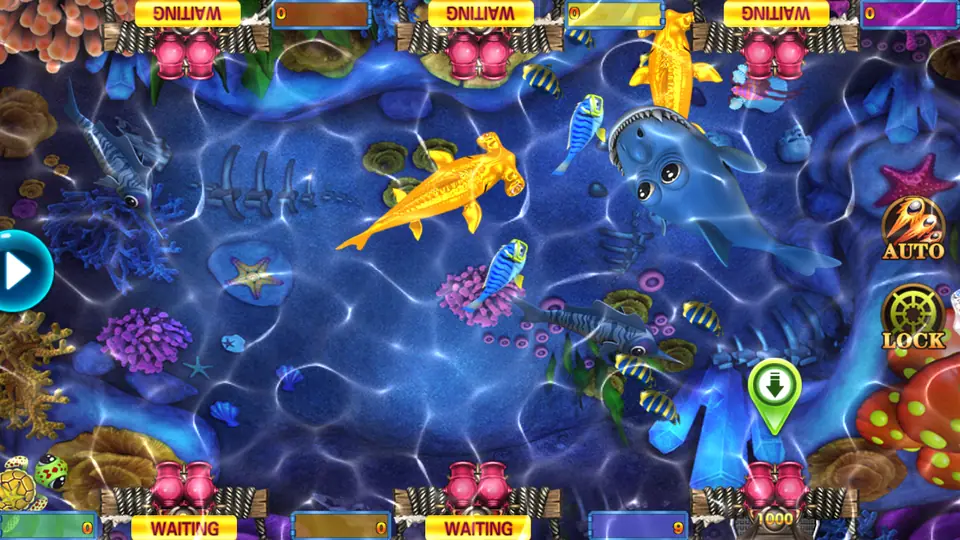 Fishing Star reef with golden hammerhead sharks, a big blue fish, striped reef fish and cannon seats at the top and bottom edges