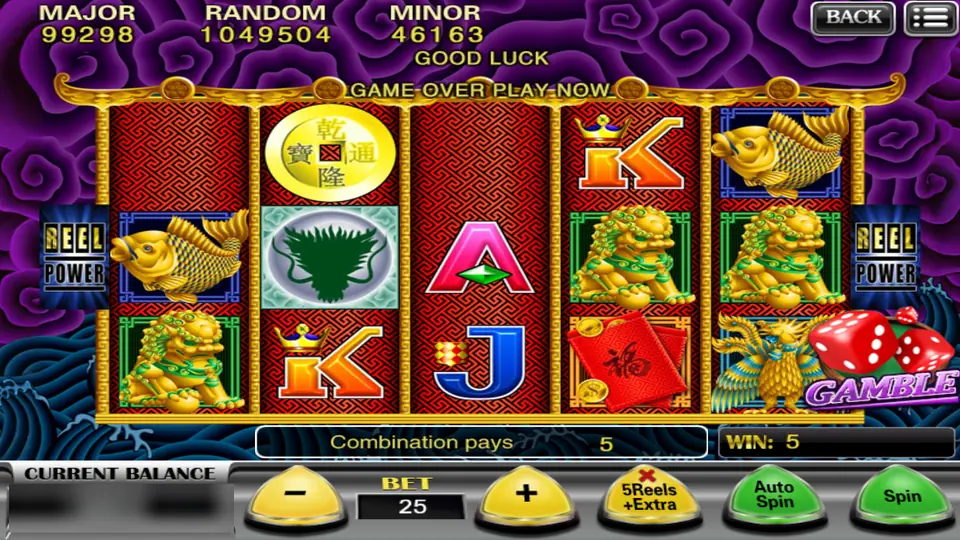 Five Dragon spin paying 5 with a gold koi, lion dogs, a dragon head symbol and the GAMBLE dice on reel 5