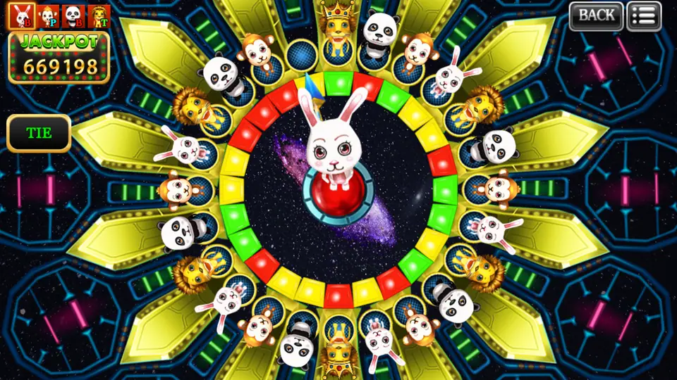 Forest Dance result: a white rabbit standing on the red centre button inside the coloured ring, with TIE lit on the left