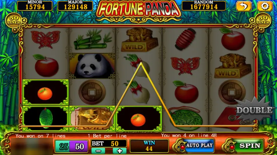 Fortune Panda spin paying 44 over 7 lines, oranges and a gold seal wild framed on the bottom rows, 4 on line 48, and the DOUBLE badge