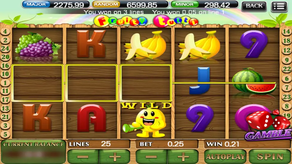 Fruity Tutti spin paying 0.21 on 3 lines at bet 0.25, with the WILD character on reel 3 and the GAMBLE dice