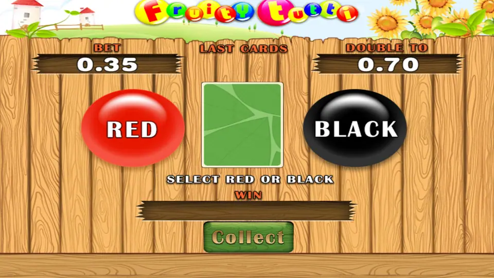 Fruity Tutti gamble screen: bet 0.35, double to 0.70, a hidden green card between RED and BLACK buttons, and Collect