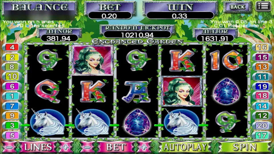 Enchanted Garden reels with three white unicorns, two fairy portraits, blue gems and card letters wrapped in ivy, 20 lines