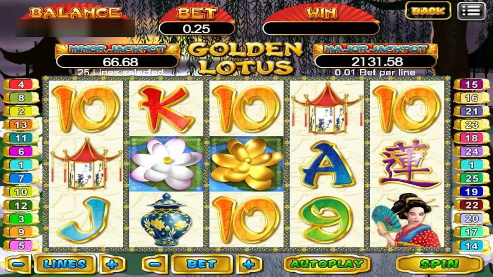 Golden Lotus reels with a white lotus and a golden lotus side by side, pagoda lanterns, a blue porcelain vase and gold card symbols, 25 lines