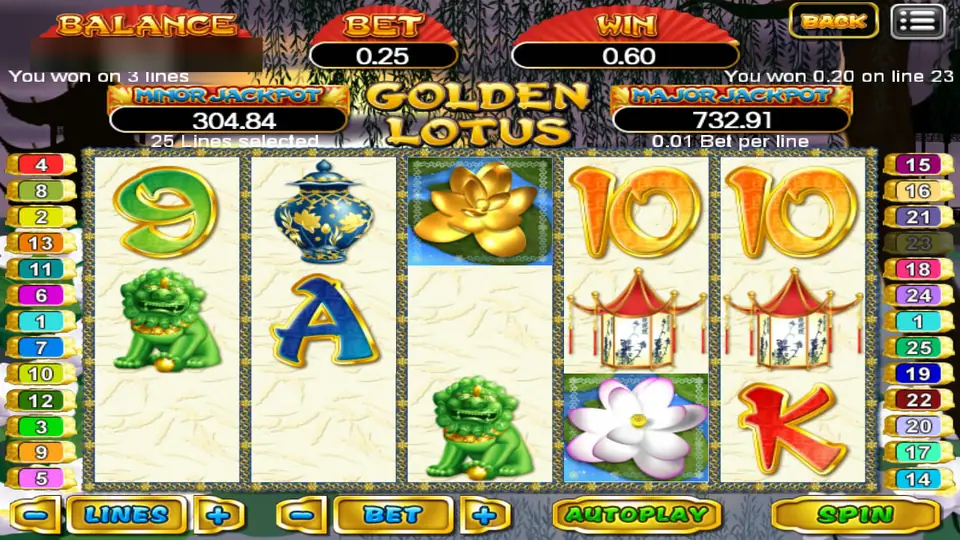 Golden Lotus spin paying 0.60 on 3 lines, with jade lion dogs, a golden lotus, a white lotus and lanterns, 0.20 on line 23