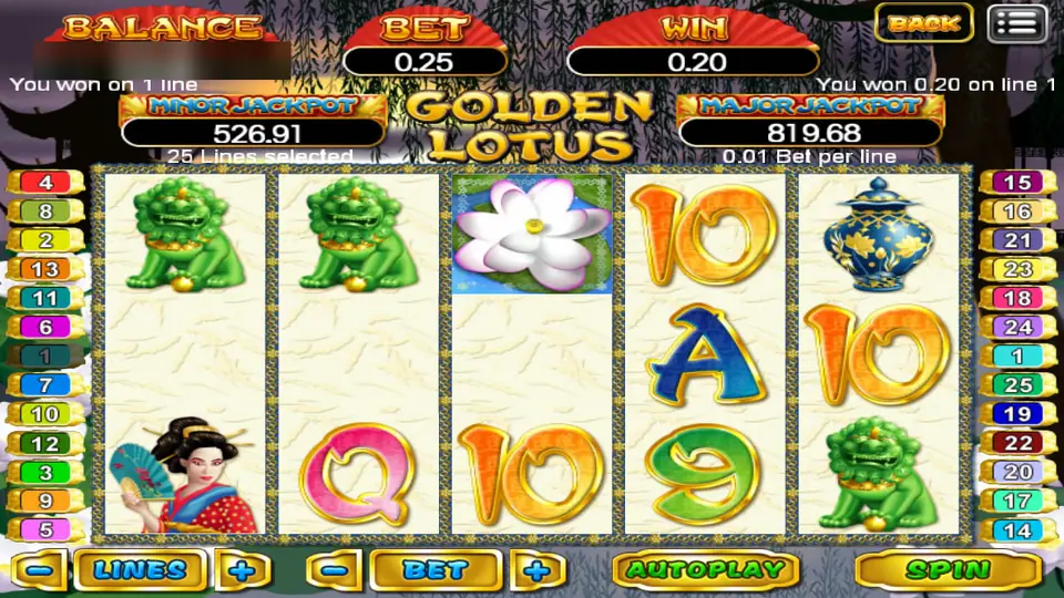 Golden Lotus spin paying 0.20 on line 1, with two jade lion dogs on reels 1 and 2 and a white lotus on reel 3