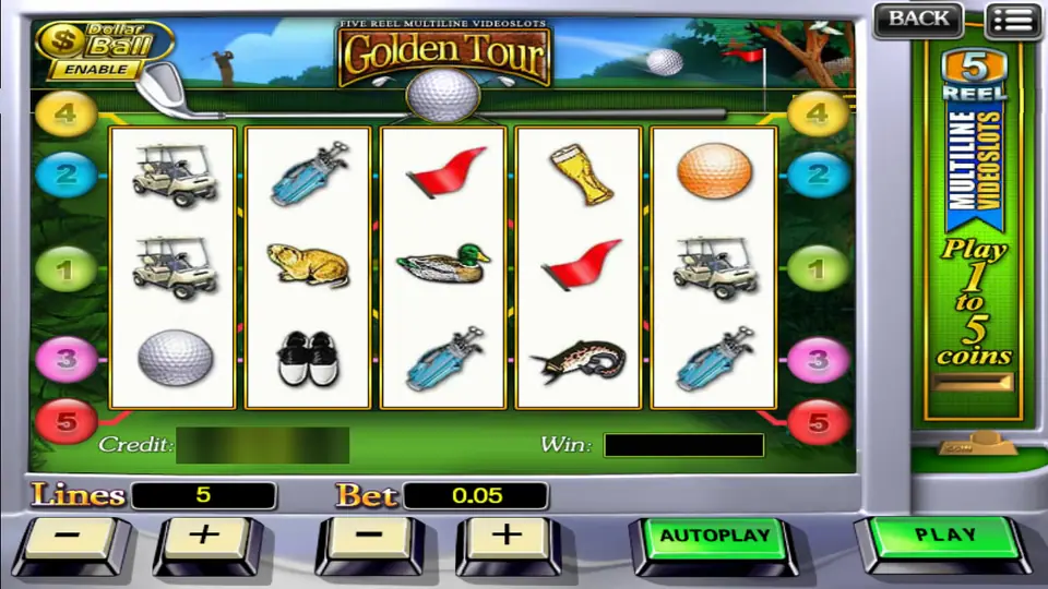 Golden Tour reels with golf carts, a golf bag, a gopher, a mallard duck, red flags, a beer glass and golf balls in a silver cabinet, 5 lines