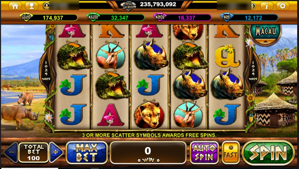 Rhino Crash reels with rhinos, crocodiles, a cheetah and gazelles on a 5 by 4 grid marked 1024 ways, total bet 100