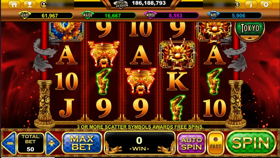 Resurrection Dragons reels with a phoenix, bronze cauldrons, a dragon mask and green jade dragons among gold letters, four jackpot meters on top