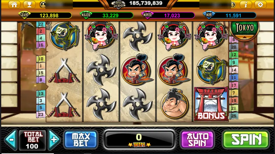 Samurai Heroes reels with a geisha, a samurai, a sumo wrestler, a ninja, shuriken and crossed swords, plus a torii gate bonus tile on reel 5