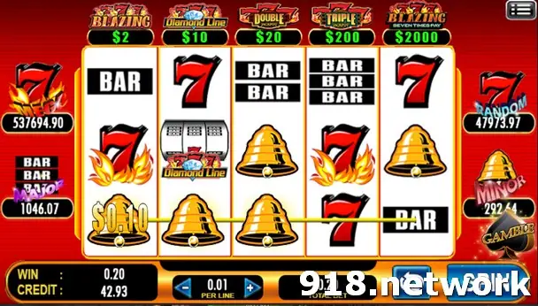 777 Blazing on ACE333 with red sevens, bars and gold bells, a line win of 0.10 and Major, Random and Minor jackpots at the sides