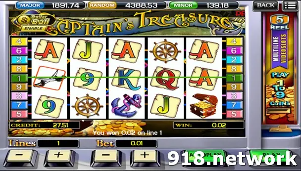 Captain's Treasure on ACE333 with pirate symbols, a ship's wheel and anchors, 1 line at 0.01