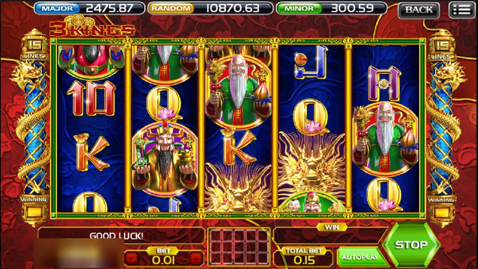 3 Kings mid-spin with gold dragon heads on reels 3 and 4 and the white-bearded god holding a peach on reels 3 and 5