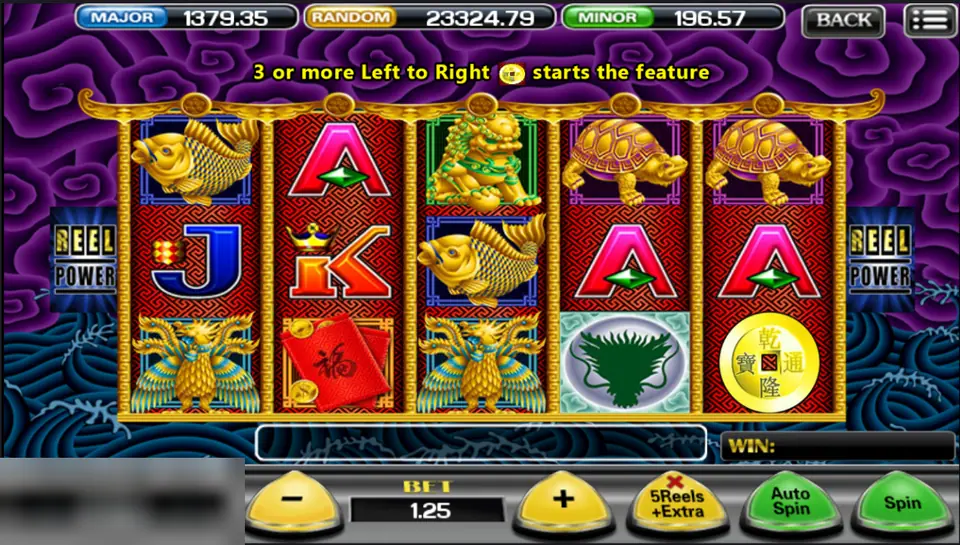 5 Dragons reels with a gold koi, a turtle, a lion, a phoenix and a gold coin under a banner saying 3 or more left to right coins start the feature