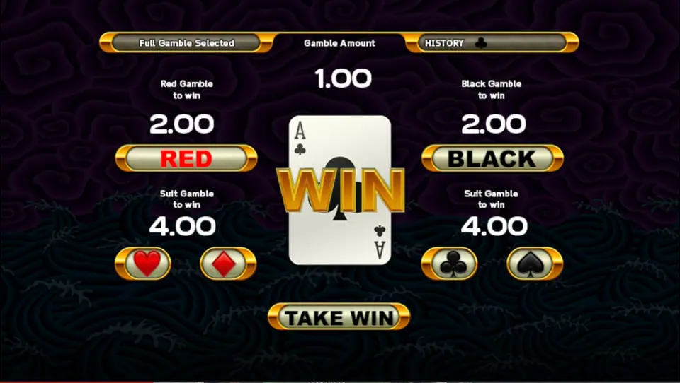 5 Dragons gamble screen with a 1.00 stake, red or black to win 2.00, suits to win 4.00 and an ace of clubs marked WIN