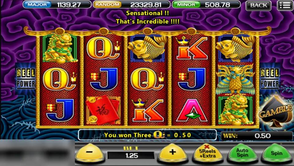 5 Dragons paying three Q symbols for 0.50, with a GAMBLE spade badge on the right