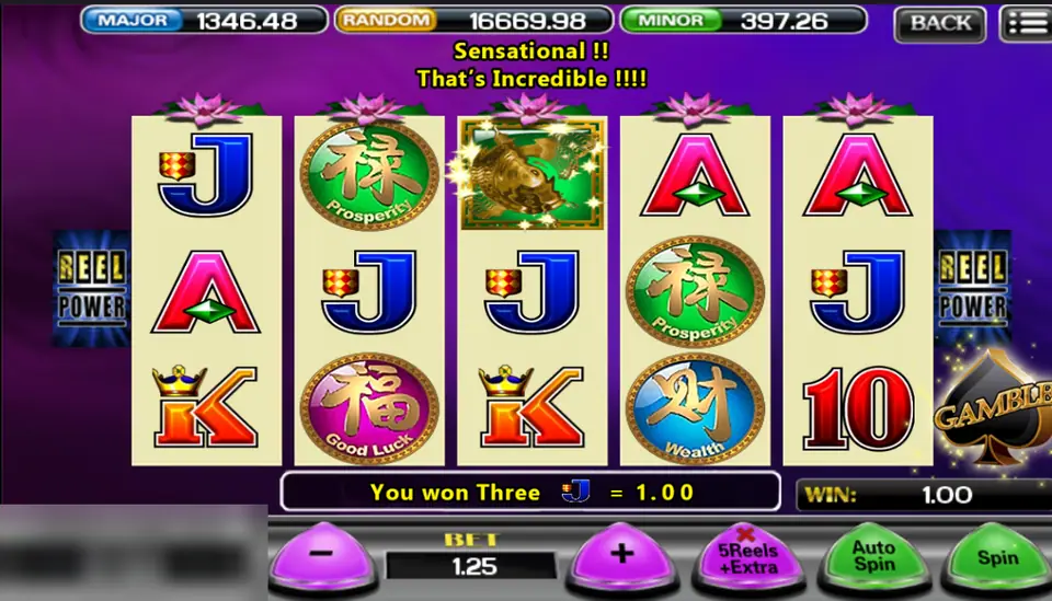 5 Koi win of three J symbols paying 1.00, with the gold koi tile glowing on reel 3 and a GAMBLE badge on the right