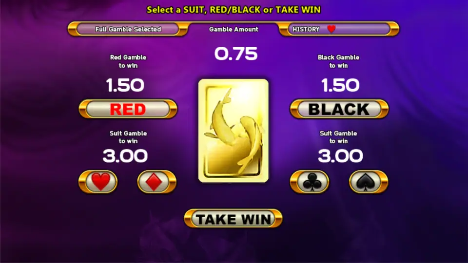 5 Koi gamble screen with 0.75 at stake, 1.50 for red or black and 3.00 for a suit, with a gold koi card face down
