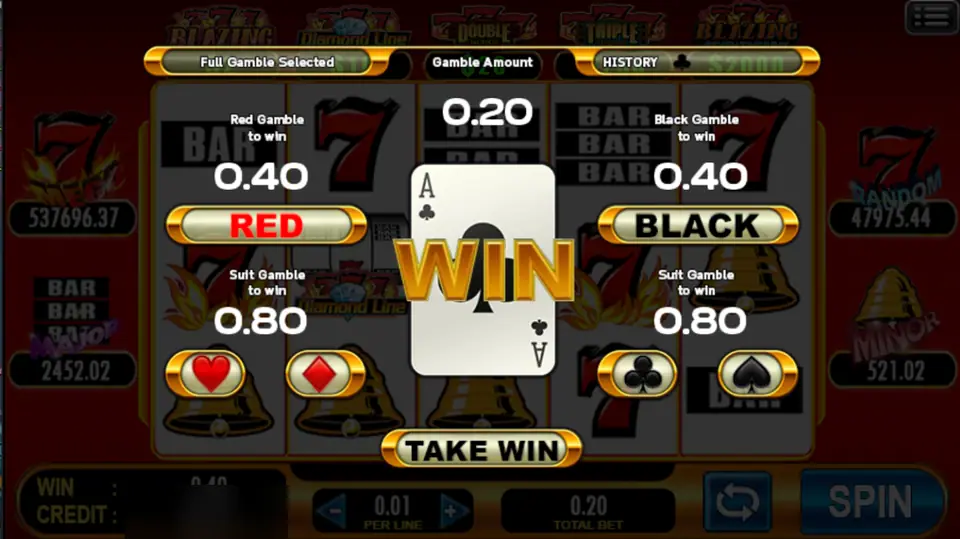 777 Blazing gamble screen with 0.20 at stake, red or black to win 0.40, suit to win 0.80, and an ace of clubs marked WIN