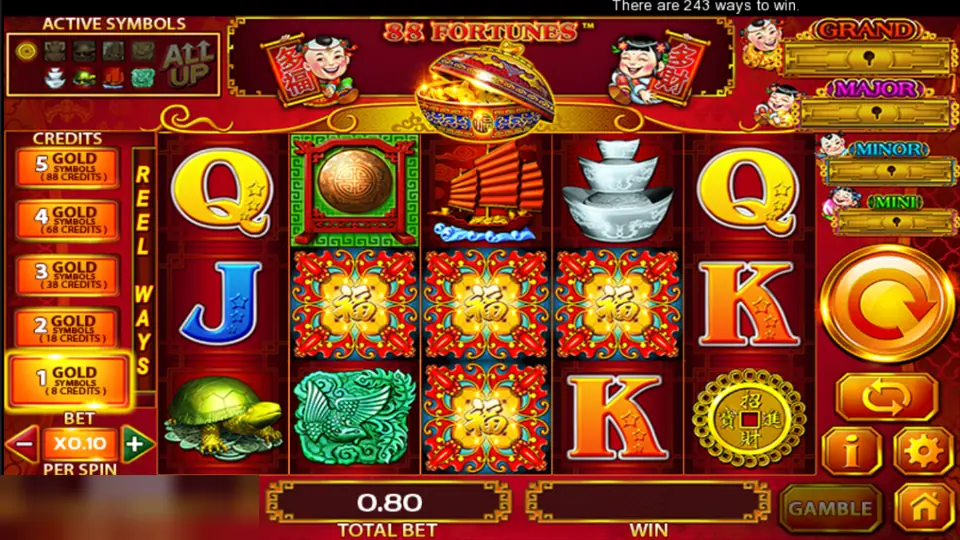 88 Fortunes reels with fu tiles stacked in the middle, a bronze gong, a junk, silver ingots, a jade phoenix and a turtle, gold symbol ladder on the left and four locked jackpots on the right