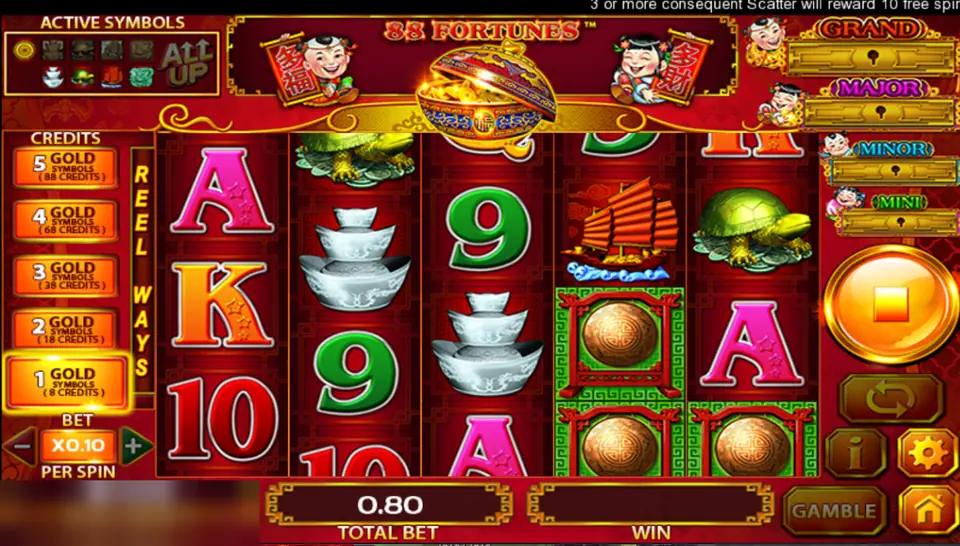 88 Fortunes reels with bronze gongs on reels 4 and 5, silver ingots, a junk and a turtle, and a message about 3 or more scatters giving 10 free spins