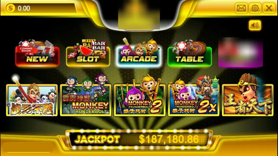 ACE333 lobby with New, Slot, Arcade, Table and Live tabs, Monkey Thunderbolt arcade tiles and a Jackpot counter at the bottom