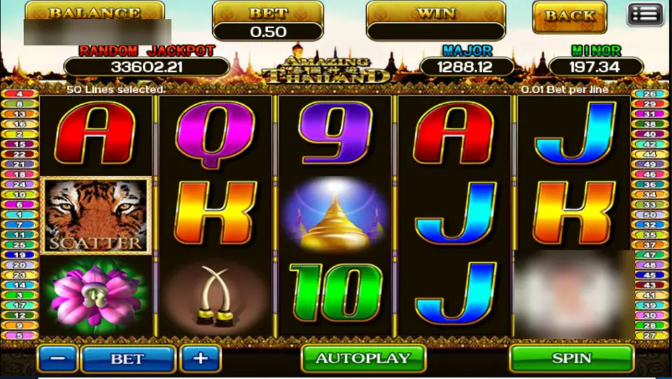 Amazing Thailand with the tiger scatter on reel 1, a golden stupa on reel 3 and elephant tusks on reel 2