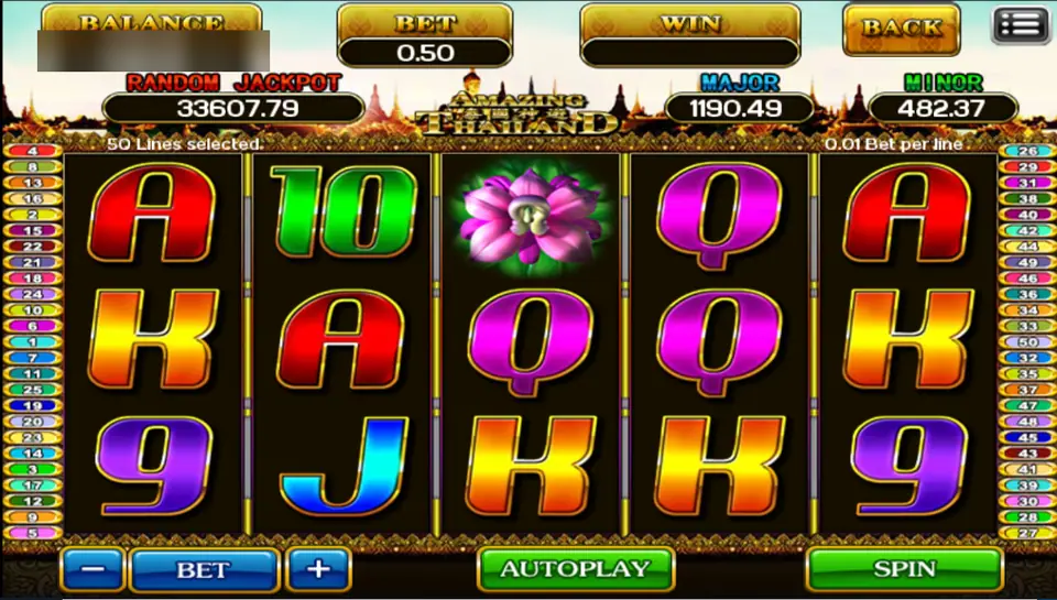 Amazing Thailand reels with a pink lotus and bright card letters, temple roofs behind the logo and numbered line tabs down both sides