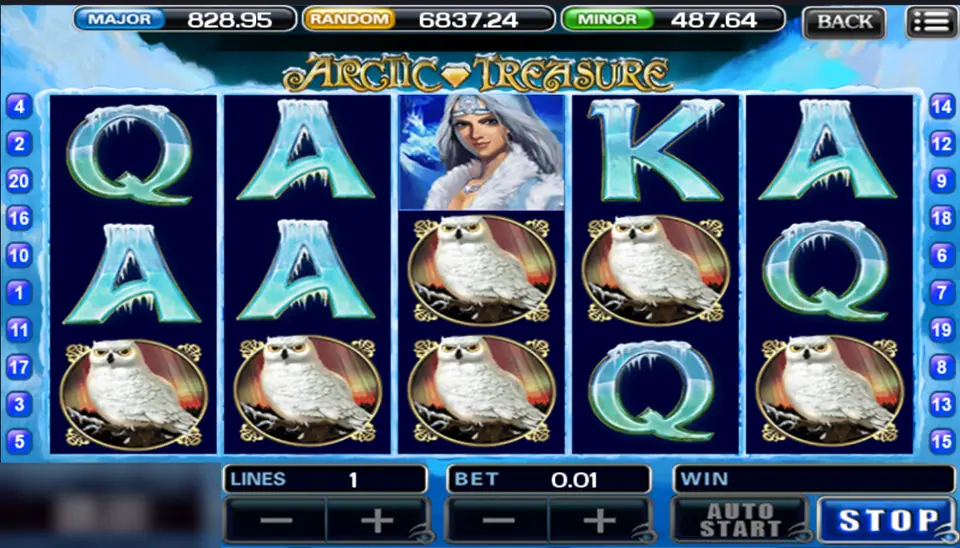 Arctic Treasure reels with six snowy owls, the ice queen at the top of reel 3 and frozen card letters, one line at 0.01