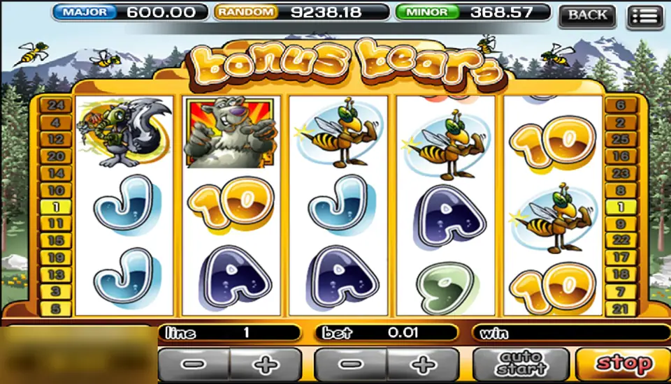 Bonus Bears with the grumpy bear on reel 2, the skunk on reel 1 and bees on reels 3, 4 and 5, one line at 0.01