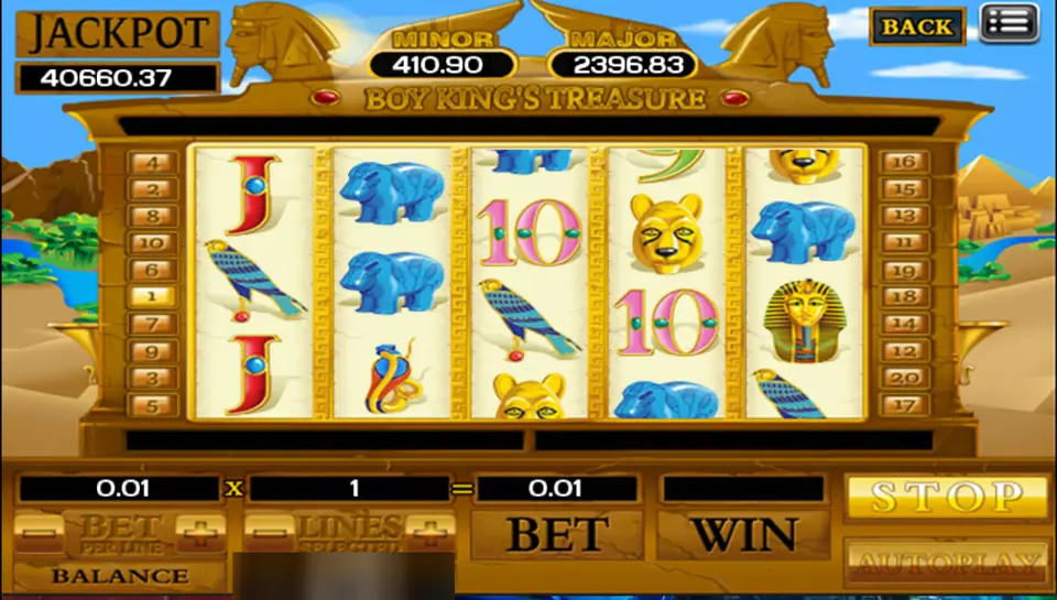Boy King's Treasure with blue hippos stacked on reel 2, falcons on reels 1 and 3, a lioness head and a pharaoh mask, one line at 0.01