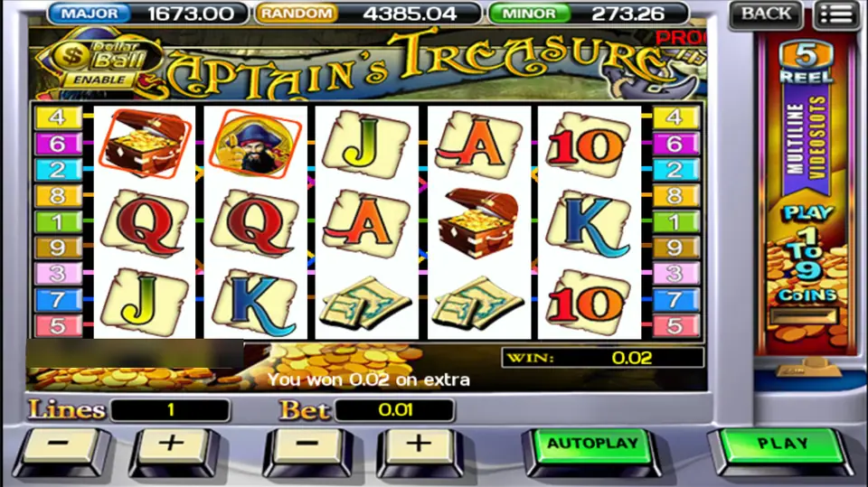 Captain's Treasure paying 0.02 on extra, with the captain on reel 2 and treasure chests on reels 1 and 4, one line at 0.01