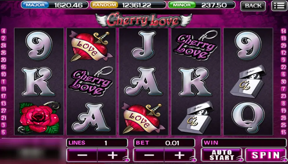 Cherry Love reels with a rose on reel 1, LOVE hearts on reels 2 and 3, Cherry Love key rings and silver lighters, one line at 0.01