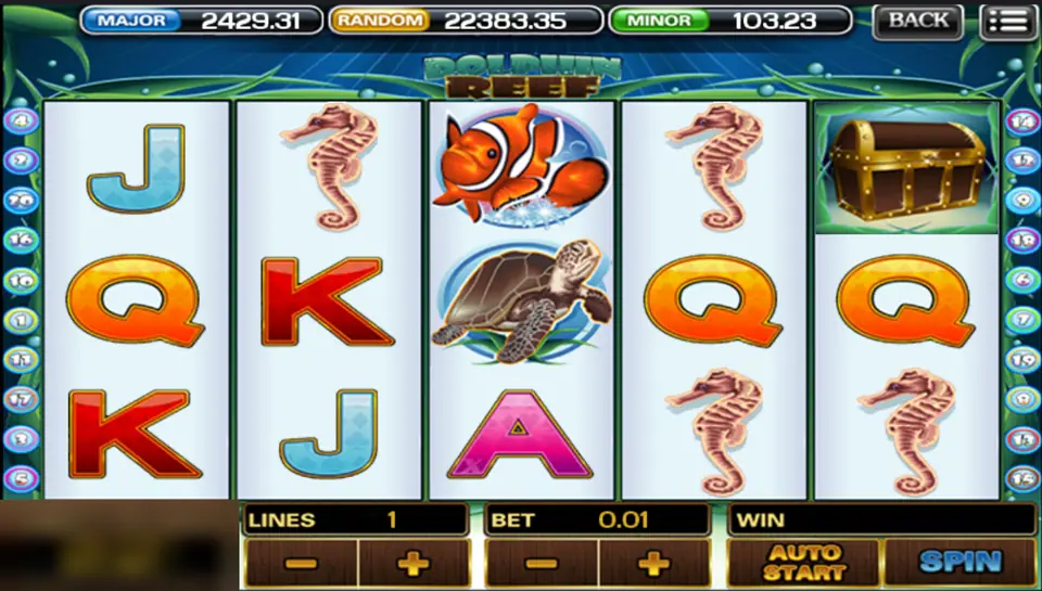 Dolphin Reef with a treasure chest in the top right, a sea turtle and a clownfish on reel 3 and seahorses on reels 2, 4 and 5