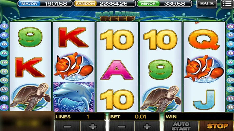 Dolphin Reef with a dolphin on reel 2, clownfish on reels 2 and 5 and sea turtles on reels 1 and 4