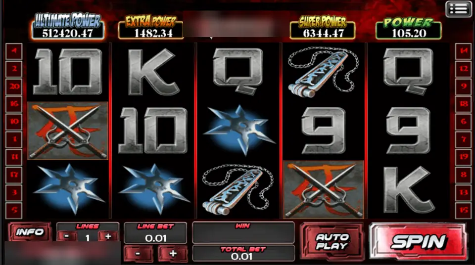 Elektra reels with steel card letters, blue throwing stars, crossed sai on a red emblem and a chain weapon, one line at 0.01