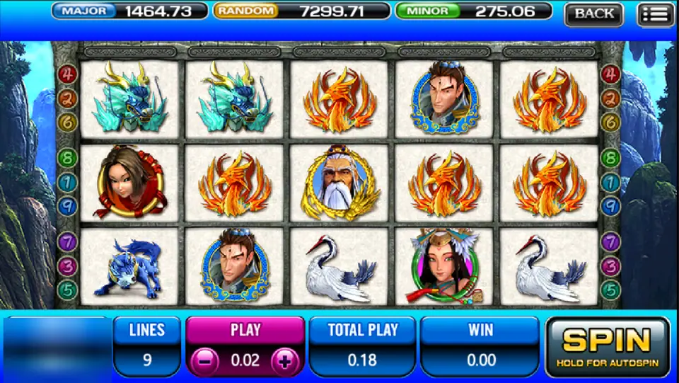 Fong Shen reels with phoenixes on four reels, jade dragons on reels 1 and 2 and the white-bearded sage in the centre