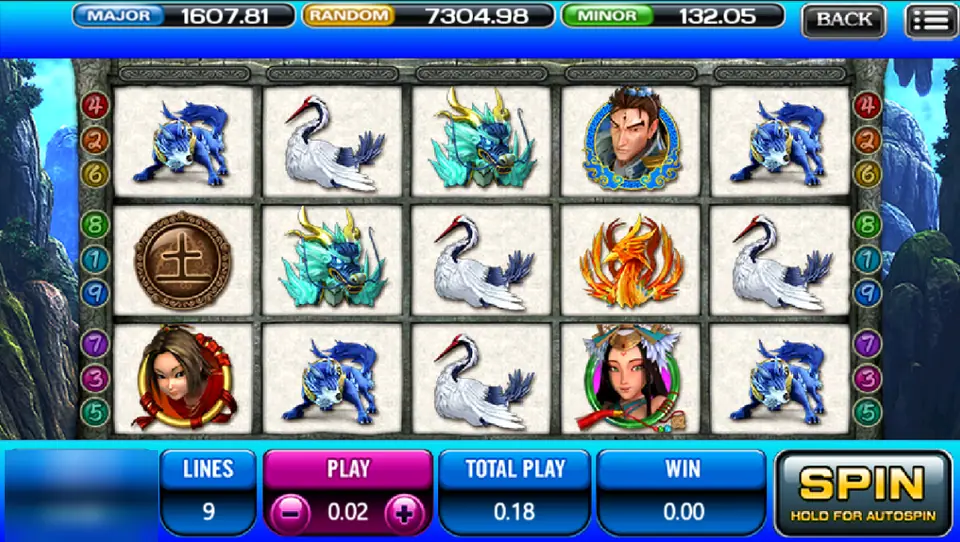 Fong Shen reels with blue beasts, white cranes, a jade dragon, a phoenix, a bronze medallion and three hero portraits, 9 lines at 0.02